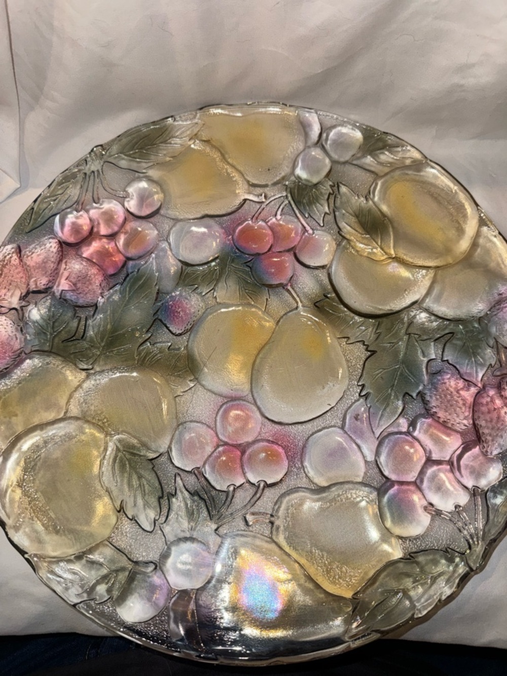 Vintage 13” Iridescent Indiana Glass Tray with Fruit Motif